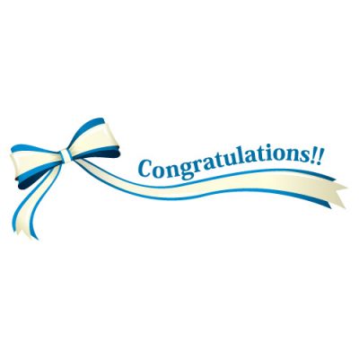 「Congratulations!!」の文字入り、青色のリボン・帯のイラスト