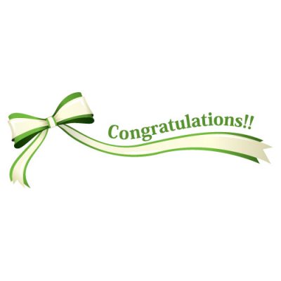 「Congratulations!!」の文字入り、緑色のリボン・帯のイラスト
