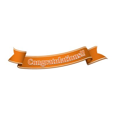 「Congratulations!!」の文字入り、オレンジ色の帯のイラスト
